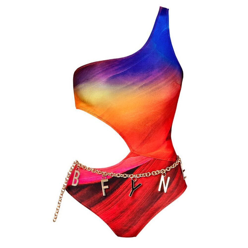 New! BFyne Sunset Print Ruby One-Shoulder Cutout One-Piece Swimsuit 3498